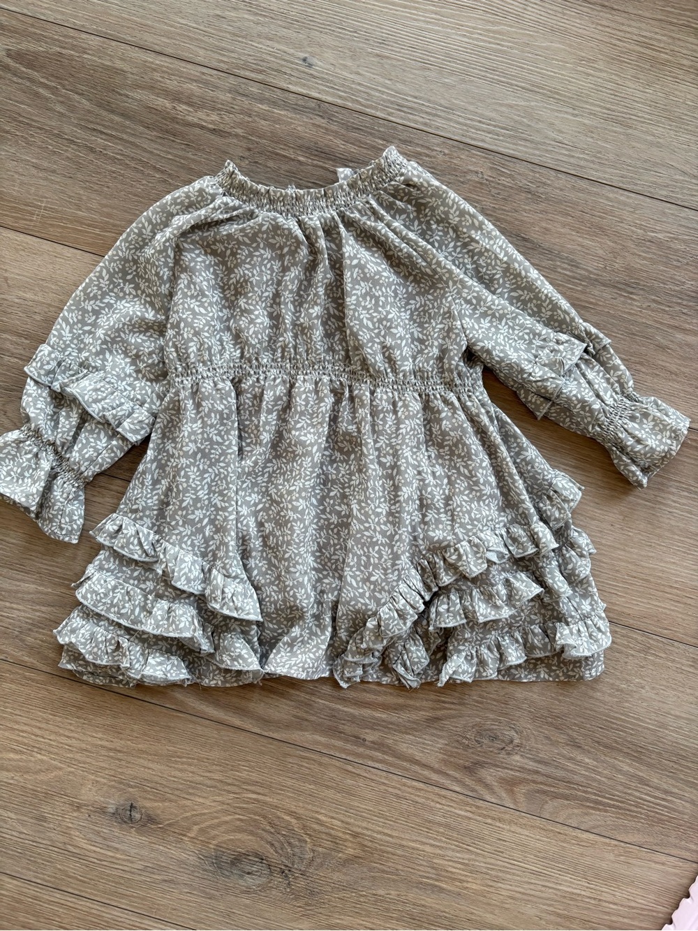 Toddler Taupe Floral Ruffle Dress with Long Sleeves